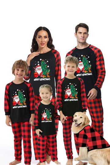 Pijama navideño familiar a juego a cuadros negros y rojos con estampado